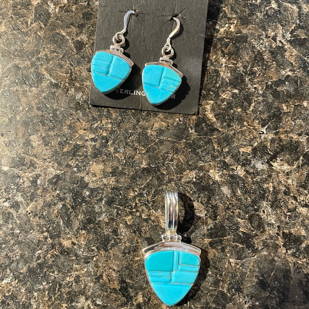 Native American Made Turquoise Inlay Sterling Silver Pendant & Earrings Set